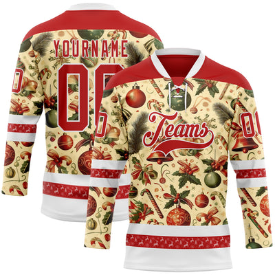 Custom Red Red-White 3D Christmas Hockey Lace Neck Jersey