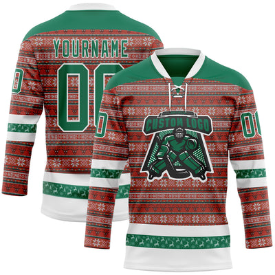 Custom Red Kelly Green-White 3D Christmas Ugly Sweater Hockey Lace Neck Jersey