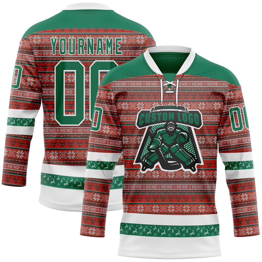 Custom Red Kelly Green-White 3D Christmas Ugly Sweater Hockey Lace Neck Jersey