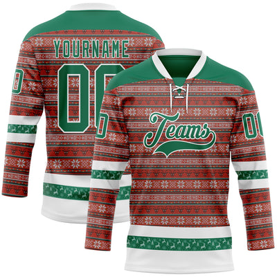 Custom Red Kelly Green-White 3D Christmas Ugly Sweater Hockey Lace Neck Jersey