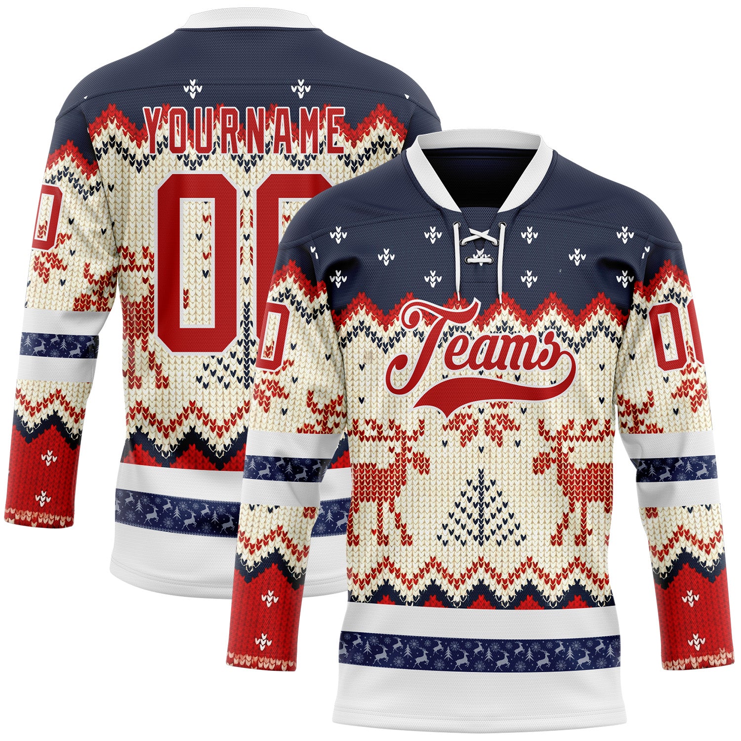 Custom Navy Red-White 3D Christmas Ugly Sweater Hockey Lace Neck Jersey
