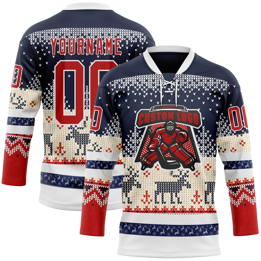 Custom Navy Red-White 3D Christmas Ugly Sweater Hockey Lace Neck Jersey