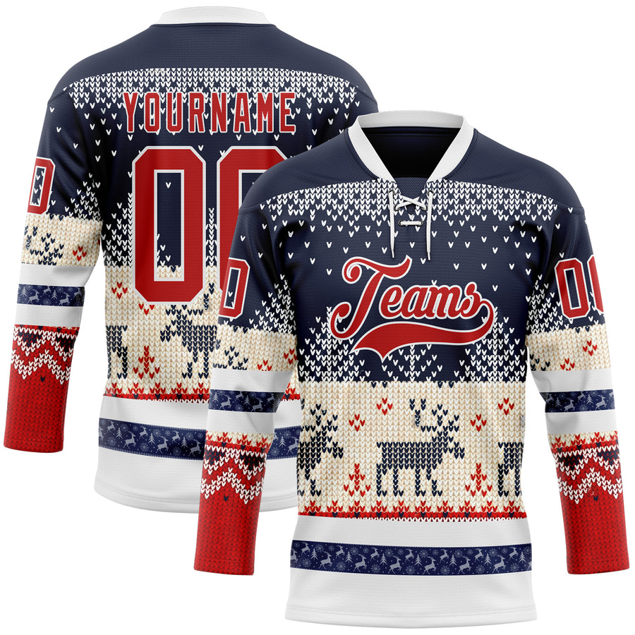 Custom Navy Red-White 3D Christmas Ugly Sweater Hockey Lace Neck Jersey