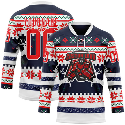 Custom Navy Fire Red-White 3D Christmas Ugly Sweater Hockey Lace Neck Jersey