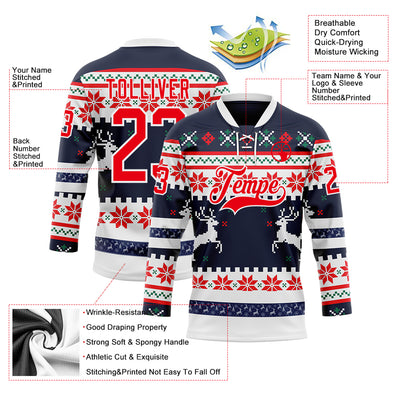 Custom Navy Fire Red-White 3D Christmas Ugly Sweater Hockey Lace Neck Jersey