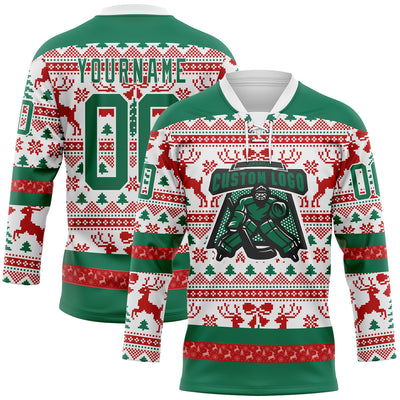 Custom Red Kelly Green-White 3D Christmas Ugly Sweater Hockey Lace Neck Jersey
