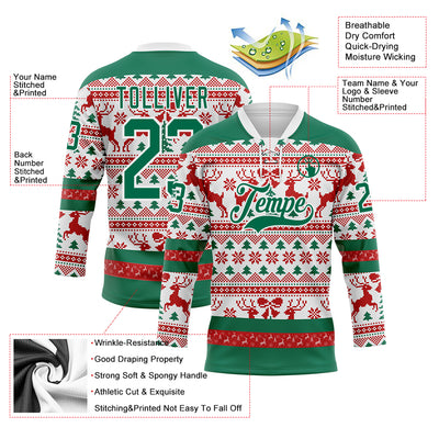 Custom Red Kelly Green-White 3D Christmas Ugly Sweater Hockey Lace Neck Jersey
