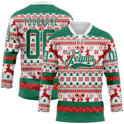 Custom Red Kelly Green-White 3D Christmas Ugly Sweater Hockey Lace Neck Jersey