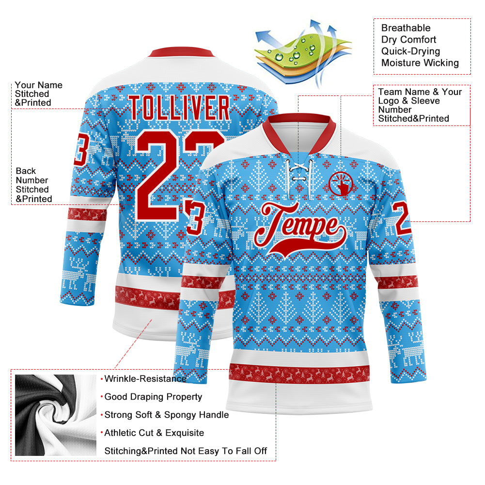 Custom Sky Blue Red-White 3D Christmas Ugly Sweater Hockey Lace Neck Jersey