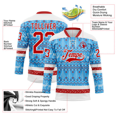 Custom Sky Blue Red-White 3D Christmas Ugly Sweater Hockey Lace Neck Jersey
