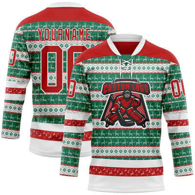 Custom Kelly Green Red-White 3D Christmas Ugly Sweater Hockey Lace Neck Jersey