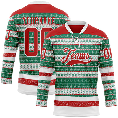 Custom Kelly Green Red-White 3D Christmas Ugly Sweater Hockey Lace Neck Jersey