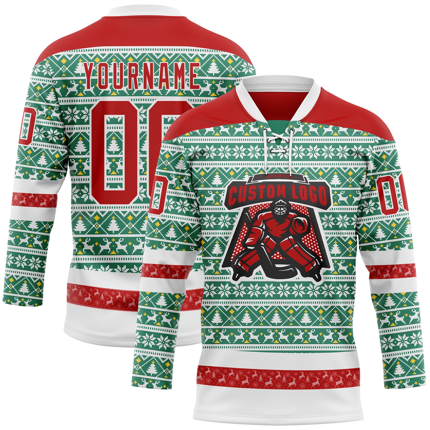 Custom Kelly Green Red-White 3D Christmas Ugly Sweater Hockey Lace Neck Jersey