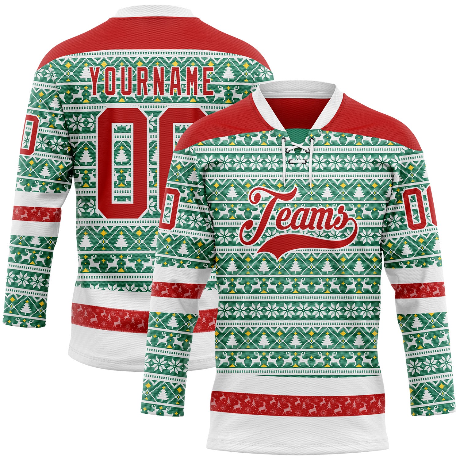 Custom Kelly Green Red-White 3D Christmas Ugly Sweater Hockey Lace Neck Jersey