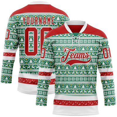 Custom Kelly Green Red-White 3D Christmas Ugly Sweater Hockey Lace Neck Jersey