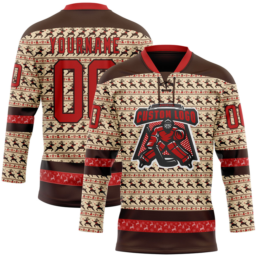 Custom City Cream Red-Brown 3D Christmas Hockey Lace Neck Jersey