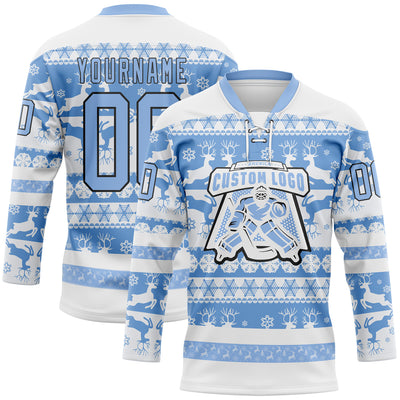 Custom White Light Blue-Black 3D Christmas Ugly Sweater Hockey Lace Neck Jersey