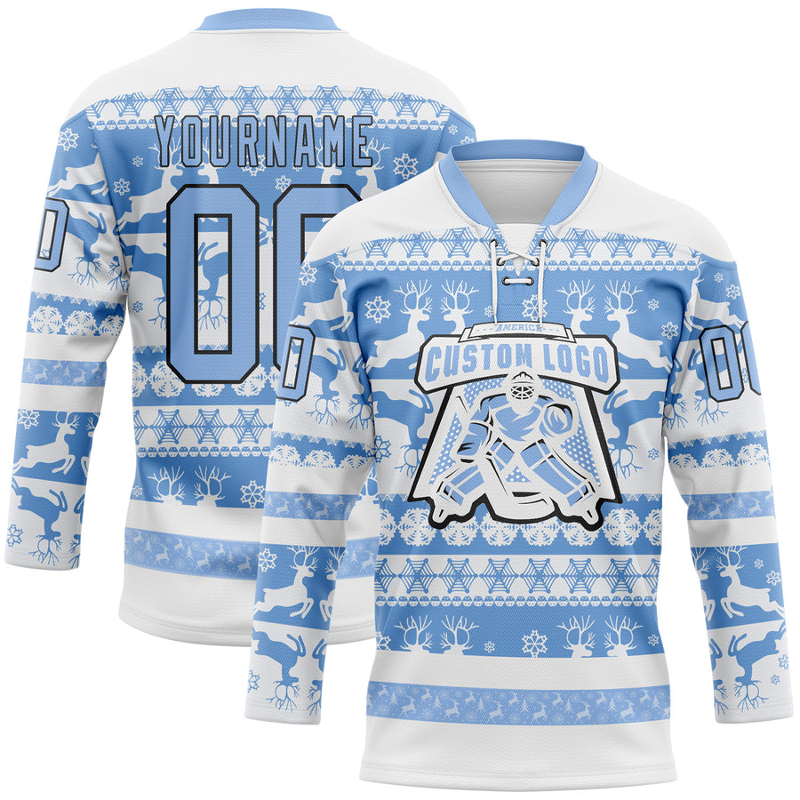 Custom White Light Blue-Black 3D Christmas Ugly Sweater Hockey Lace Neck Jersey