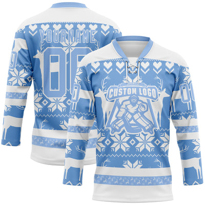 Custom White Light Blue-White 3D Christmas Ugly Sweater Hockey Lace Neck Jersey