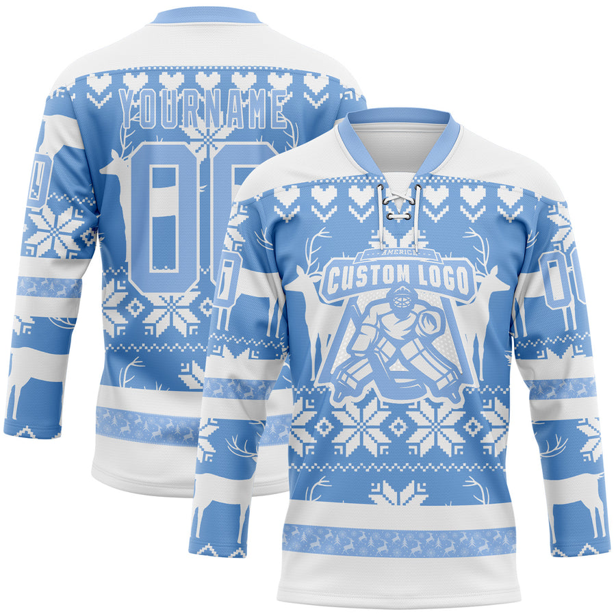 Custom White Light Blue-White 3D Christmas Ugly Sweater Hockey Lace Neck Jersey