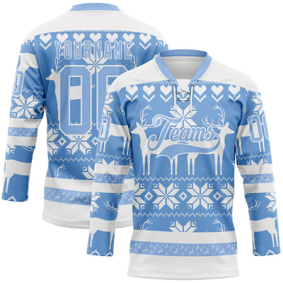 Custom White Light Blue-White 3D Christmas Ugly Sweater Hockey Lace Neck Jersey