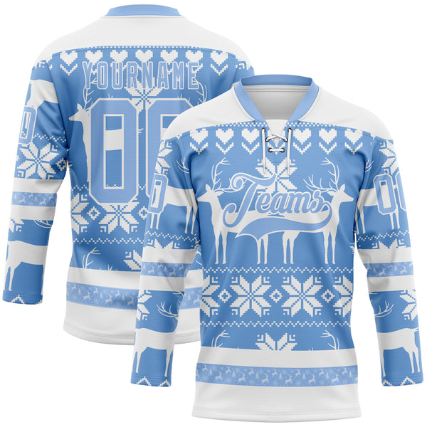 Custom White Light Blue-White 3D Christmas Ugly Sweater Hockey Lace Neck Jersey