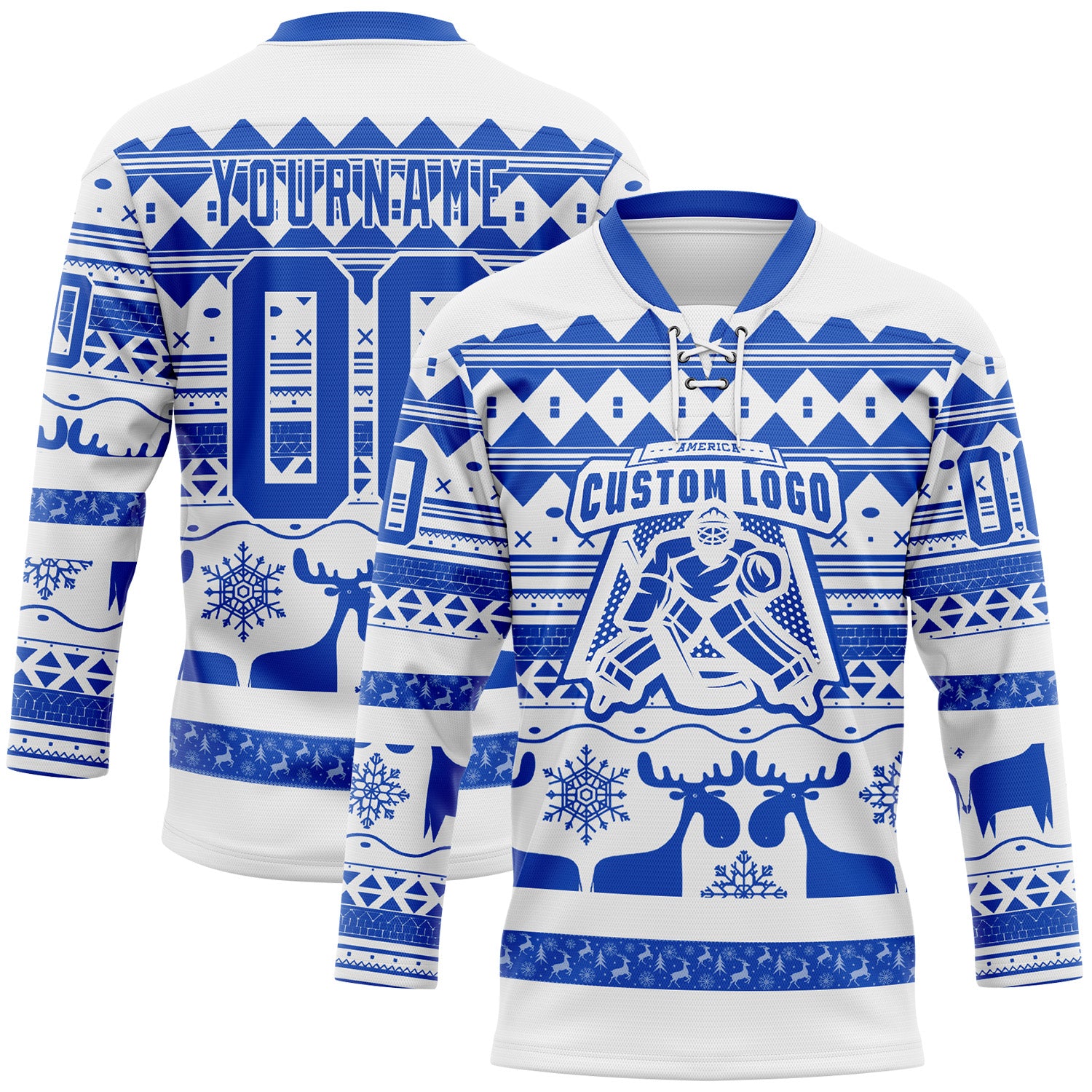 Custom White Thunder Blue-White 3D Christmas Ugly Sweater Hockey Lace Neck Jersey