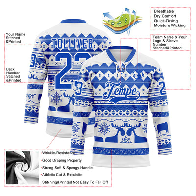 Custom White Thunder Blue-White 3D Christmas Ugly Sweater Hockey Lace Neck Jersey