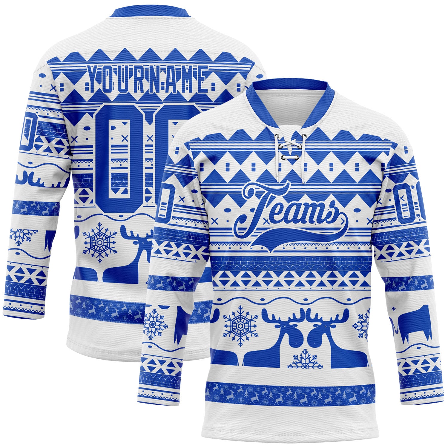 Custom White Thunder Blue-White 3D Christmas Ugly Sweater Hockey Lace Neck Jersey