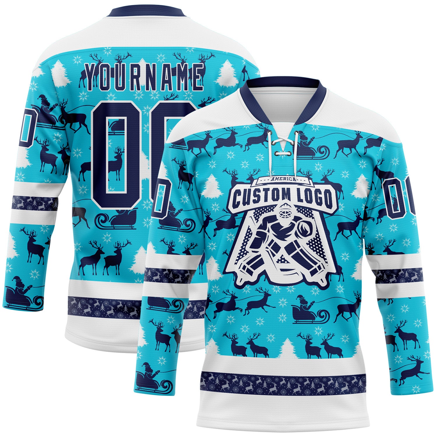 Custom Lakes Blue Navy-White 3D Christmas Hockey Lace Neck Jersey