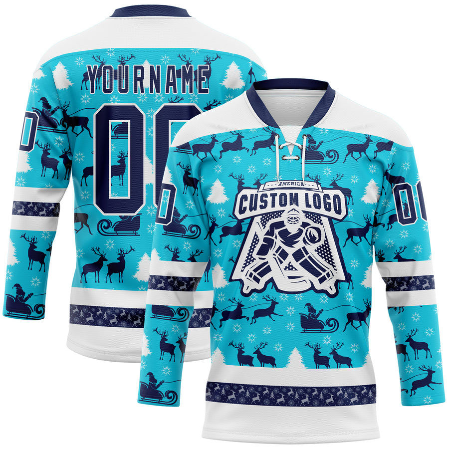 Custom Lakes Blue Navy-White 3D Christmas Hockey Lace Neck Jersey
