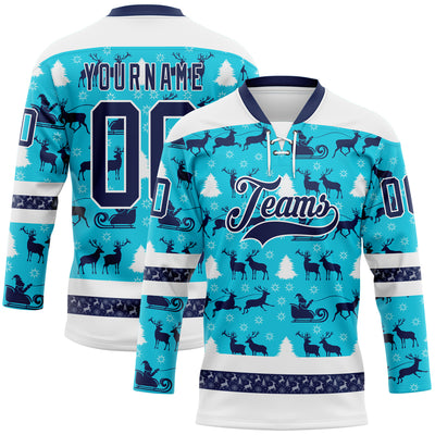 Custom Lakes Blue Navy-White 3D Christmas Hockey Lace Neck Jersey