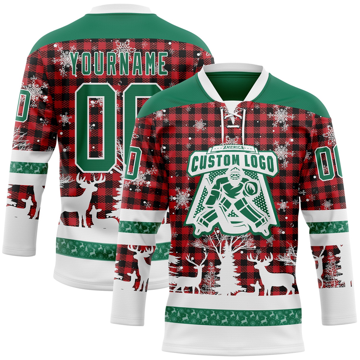 Custom Red Kelly Green-White 3D Christmas Plaid Hockey Lace Neck Jersey