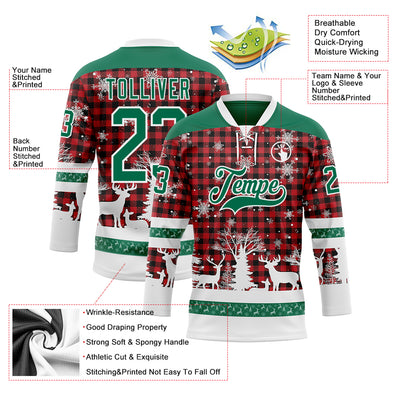 Custom Red Kelly Green-White 3D Christmas Plaid Hockey Lace Neck Jersey
