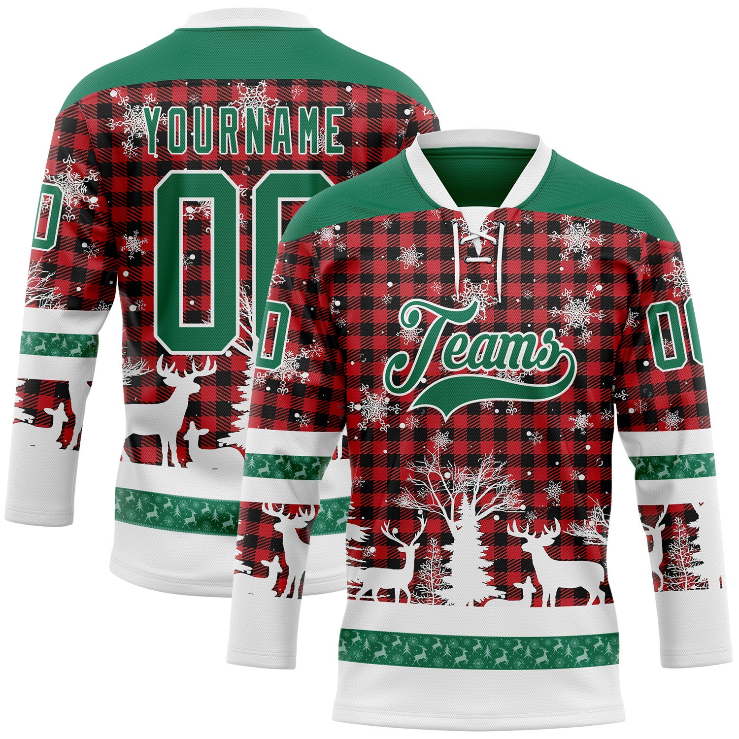 Custom Red Kelly Green-White 3D Christmas Plaid Hockey Lace Neck Jersey