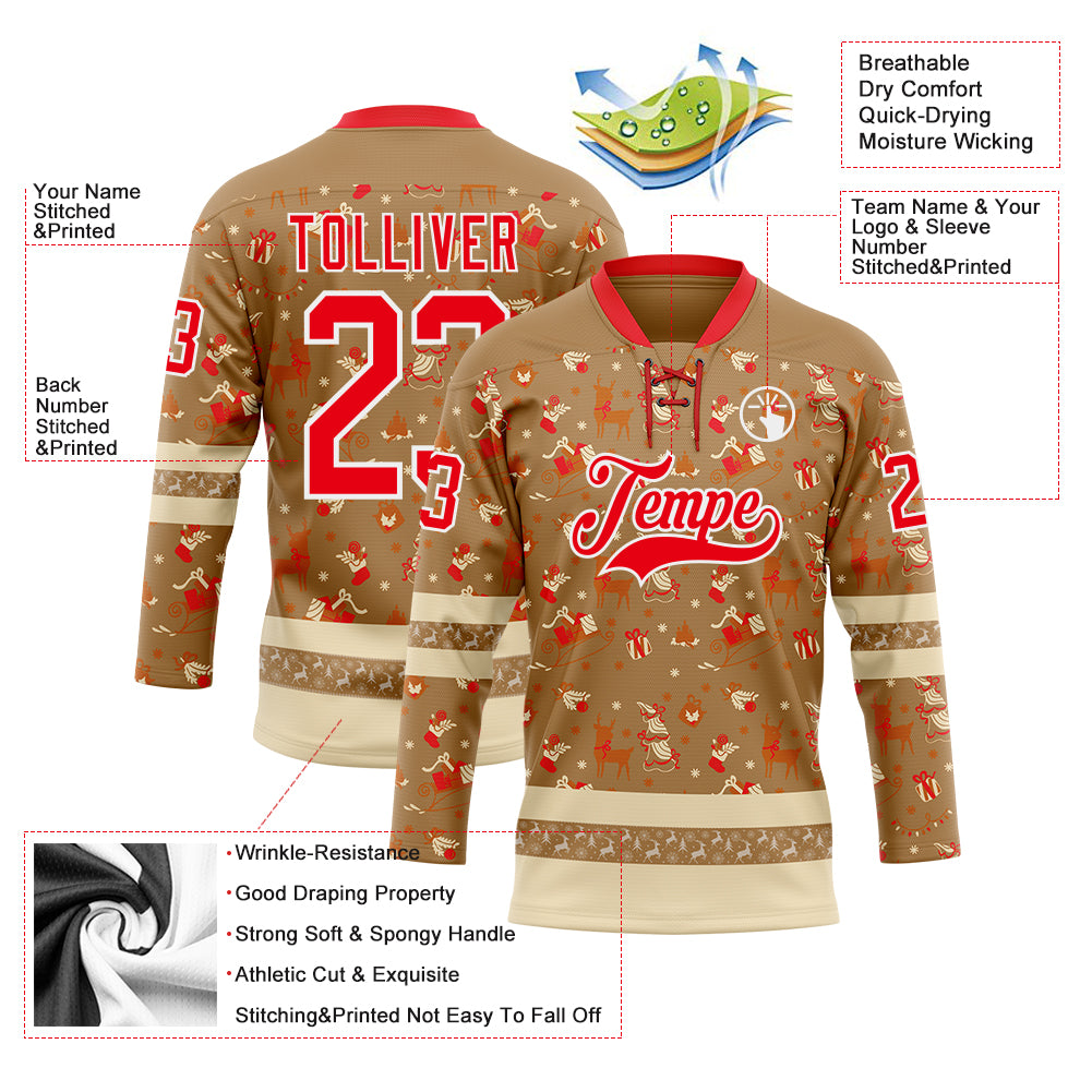 Custom Old Gold Fire Red-White 3D Christmas Hockey Lace Neck Jersey