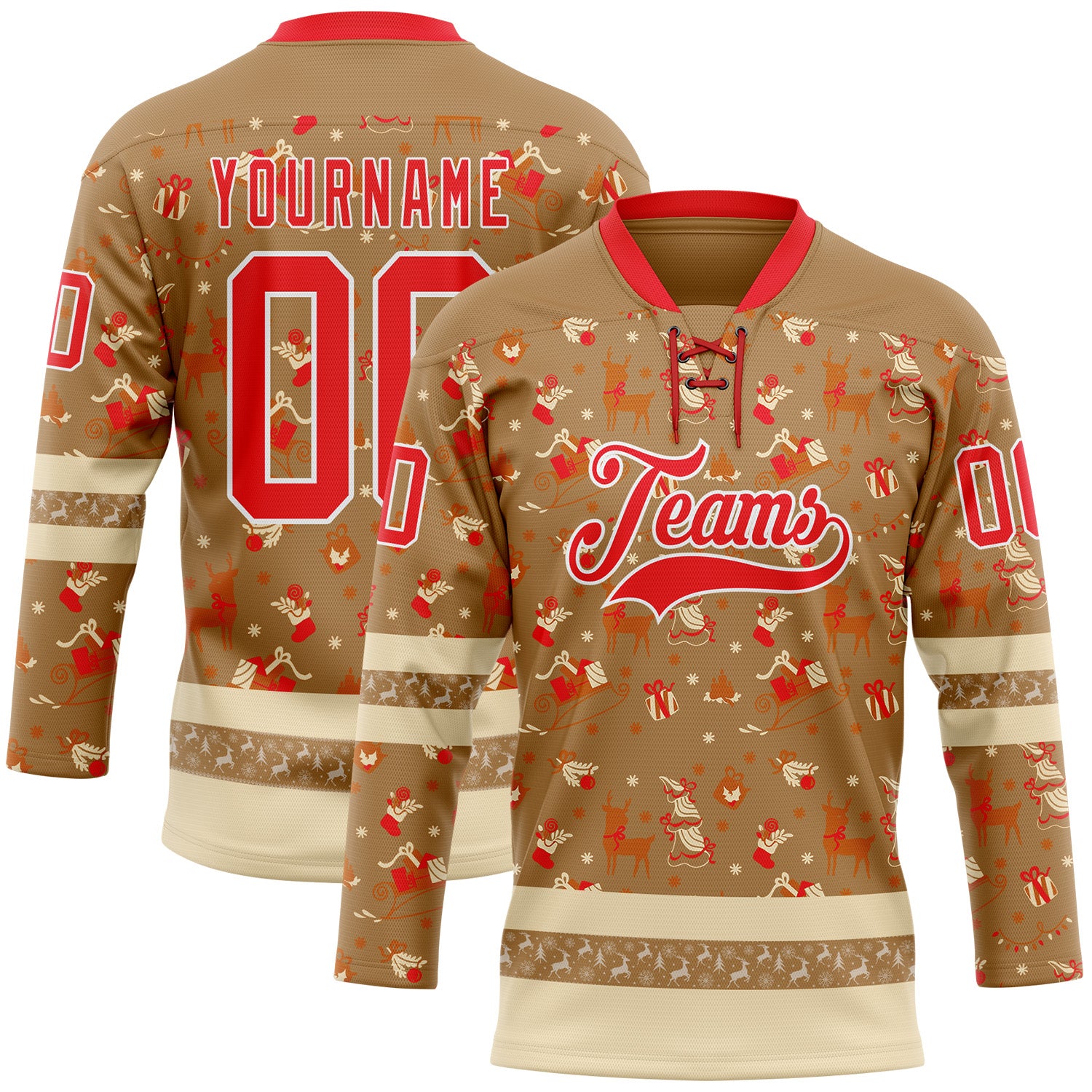 Custom Old Gold Fire Red-White 3D Christmas Hockey Lace Neck Jersey