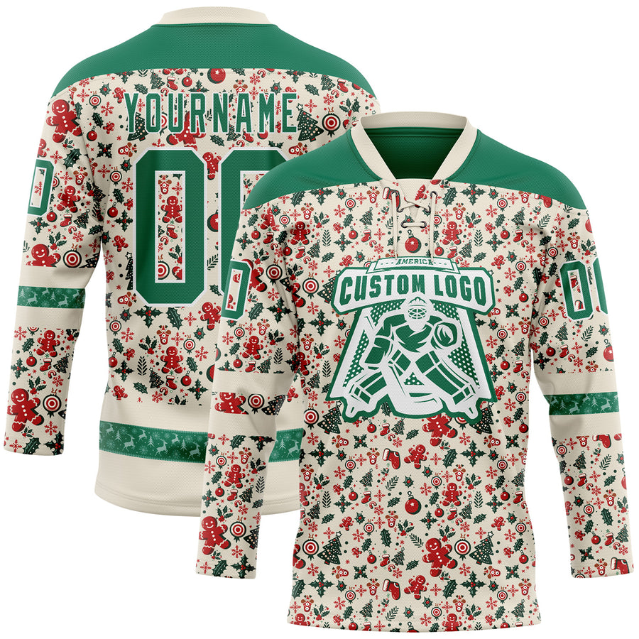 Custom Cream Kelly Green-White 3D Christmas Hockey Lace Neck Jersey