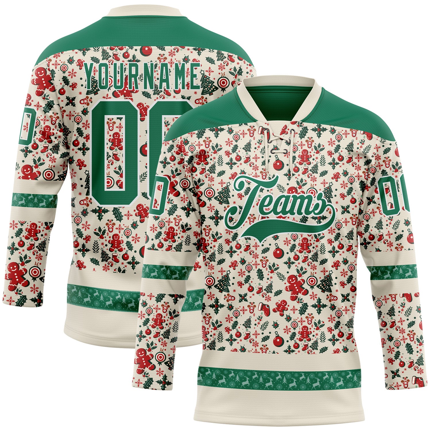 Custom Cream Kelly Green-White 3D Christmas Hockey Lace Neck Jersey