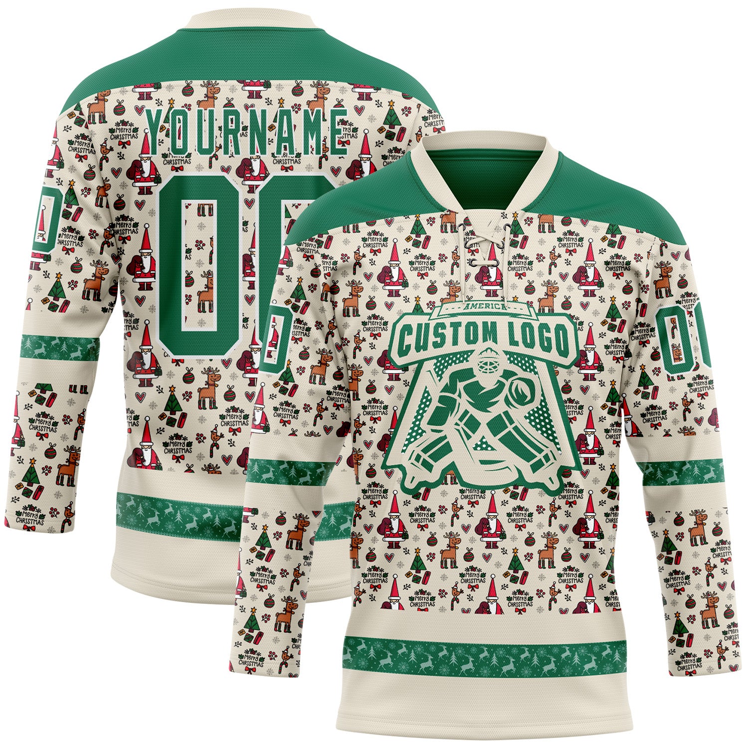 Custom Cream Kelly Green-White 3D Christmas Hockey Lace Neck Jersey