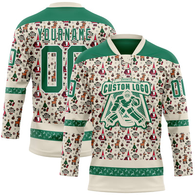 Custom Cream Kelly Green-White 3D Christmas Hockey Lace Neck Jersey