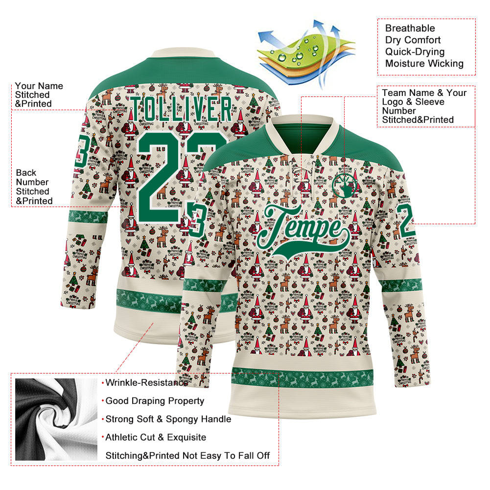 Custom Cream Kelly Green-White 3D Christmas Hockey Lace Neck Jersey