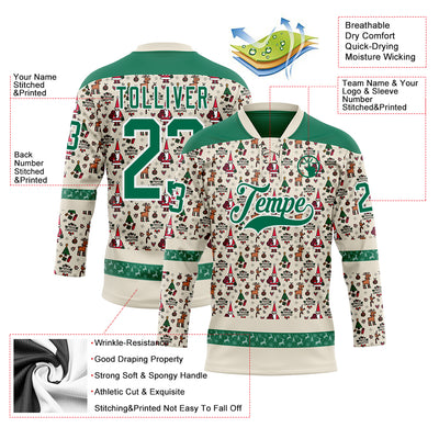 Custom Cream Kelly Green-White 3D Christmas Hockey Lace Neck Jersey