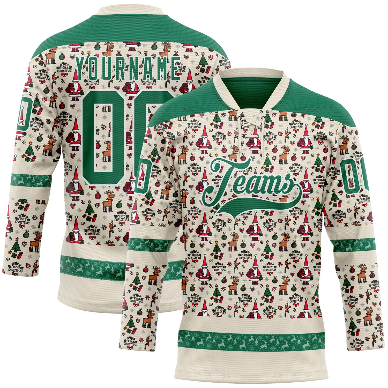 Custom Cream Kelly Green-White 3D Christmas Hockey Lace Neck Jersey