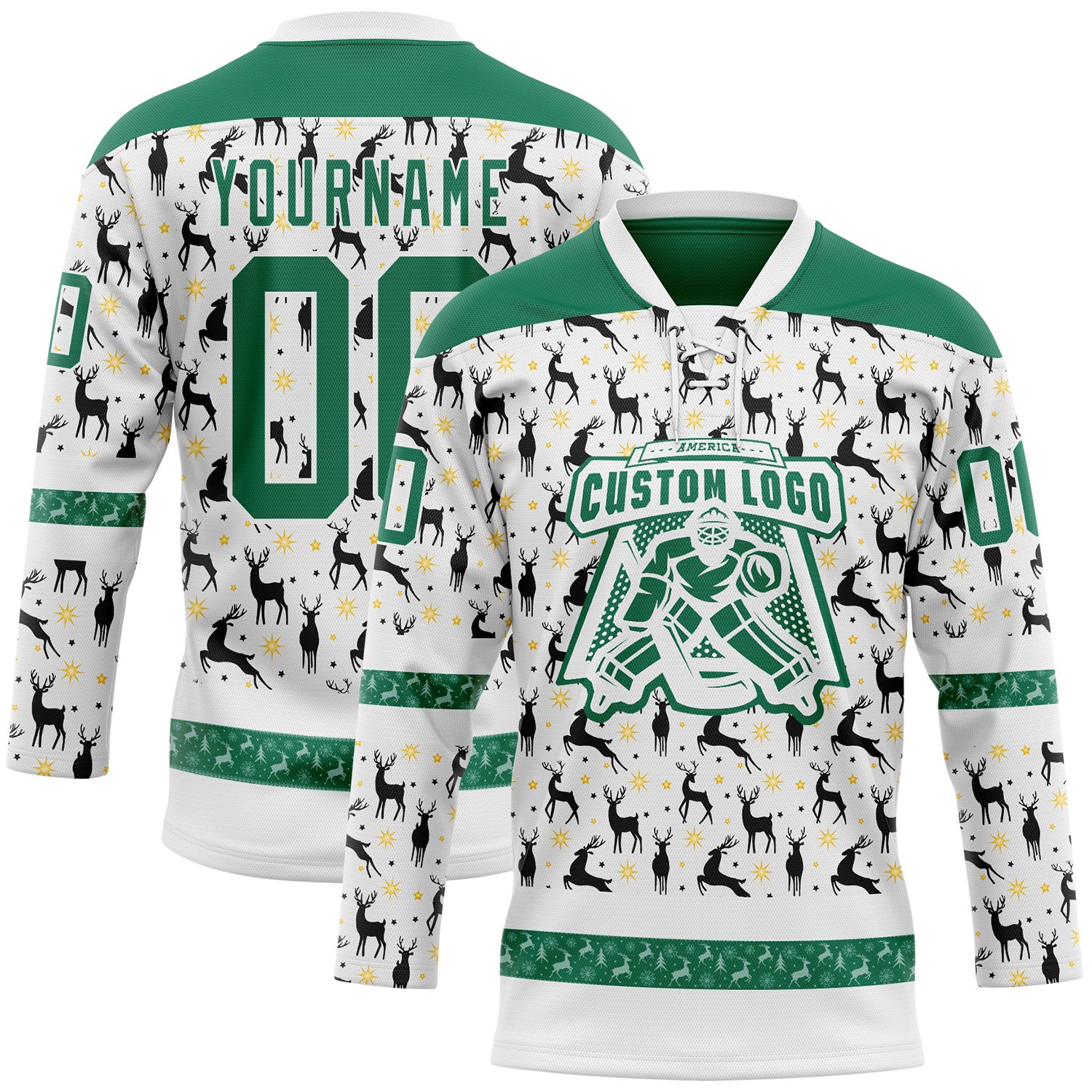 Custom White Kelly Green-White 3D Christmas Hockey Lace Neck Jersey