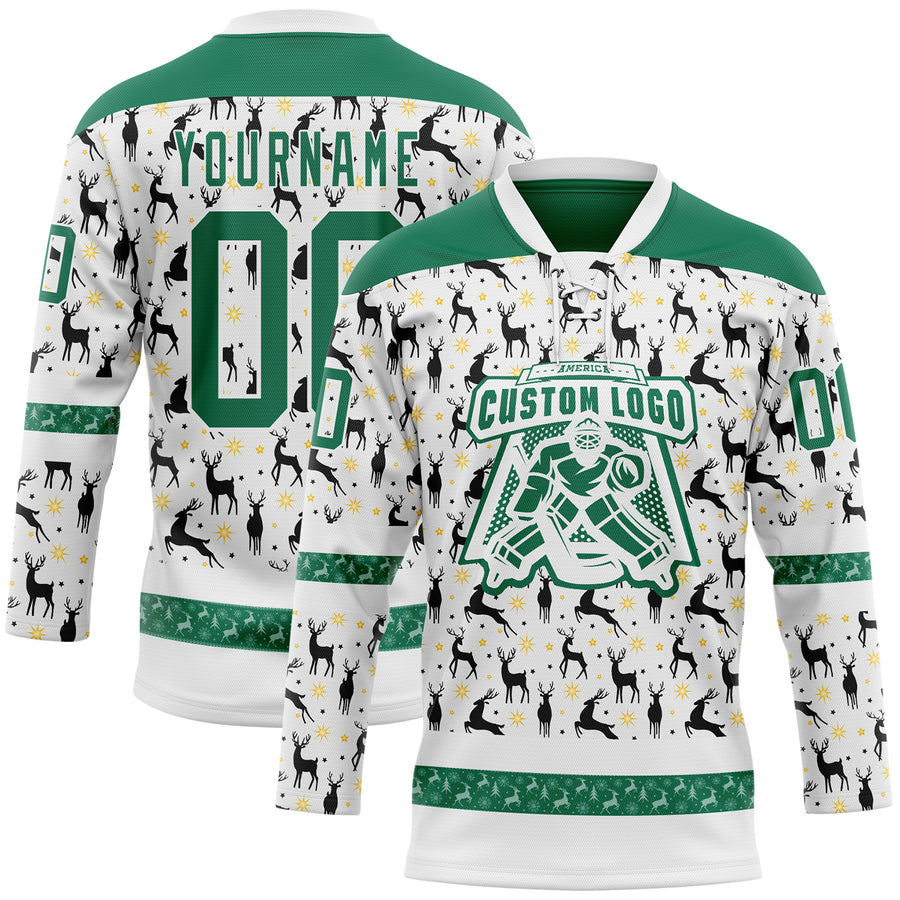 Custom White Kelly Green-White 3D Christmas Hockey Lace Neck Jersey