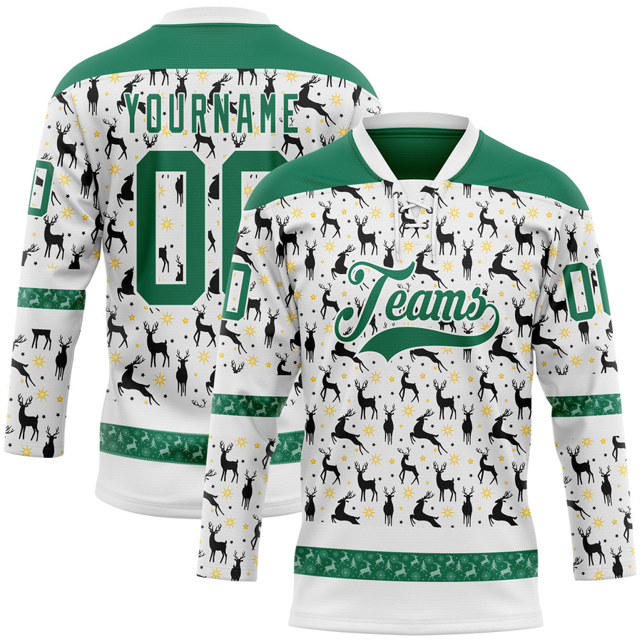 Custom White Kelly Green-White 3D Christmas Hockey Lace Neck Jersey