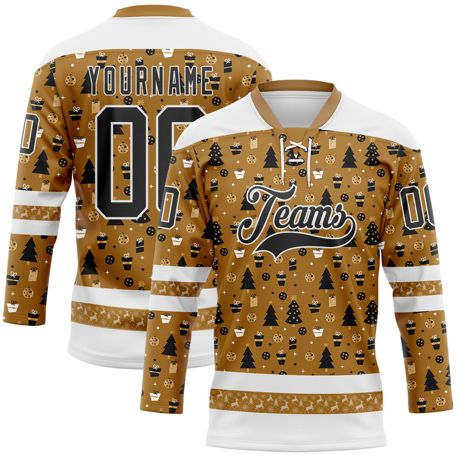 Custom Old Gold Black-White 3D Christmas Hockey Lace Neck Jersey