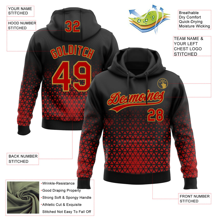 Custom Stitched Black Red-Old Gold 3D Pattern Design Geometrico Graph Sports Pullover Sweatshirt Hoodie
