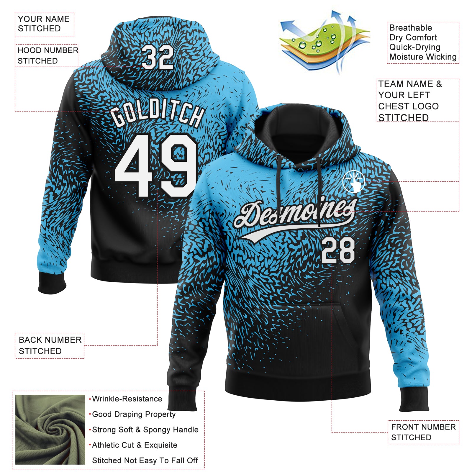 Custom Stitched Sky Blue White-Black 3D Pattern Design Abstract Shape Sports Pullover Sweatshirt Hoodie